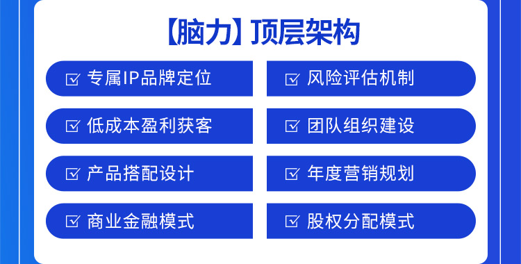 陌谷頂層架構：專屬IP品牌定位，風險評估機制，低成本盈利獲客，團隊組織建設，產品搭配設計，年度營銷規劃，商業金融模式，股權分配模式
