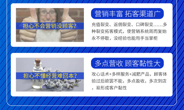 陌谷減肥攻心話術+多樣服務+減肥產品，顧客體驗過后欲罷不能，多點盈收，多次到店，易形成客戶黏性
